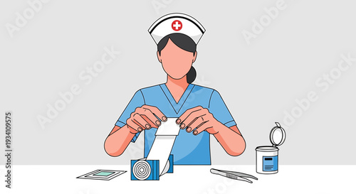 Nurse Preparing Medical Supplies, Bandages, and Instruments