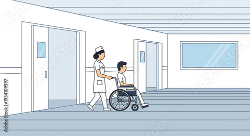 Nurse Pushing Patient in Wheelchair Down Hospital Corridor