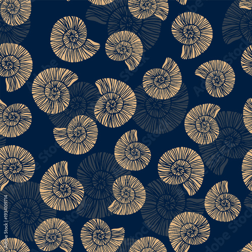 Stylized ammonite fossils or snail shells vector seamless pattern. Champagne gold or beige line art on deep navy blue background. Shells vary in size and orientation. Summer fabric print.