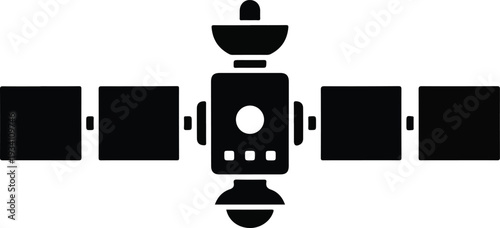 Black and white illustration of a satellite with solar panels extending outwards