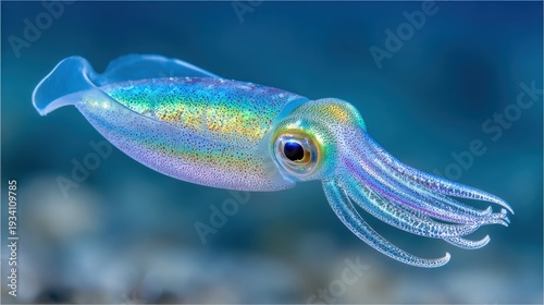 A vivid iridescent squid with splayed tentacles drifts gracefully in the deep blue ocean depths