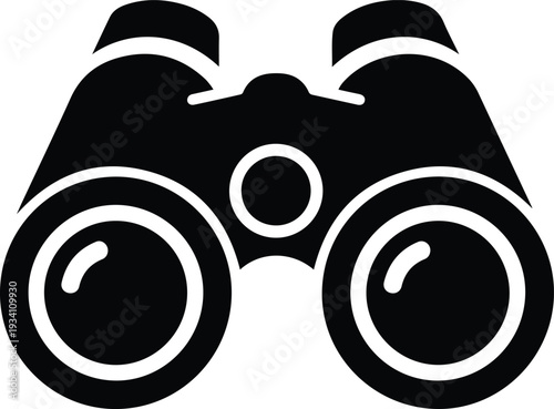Black binoculars illustration on white background featuring lens and central adjustment