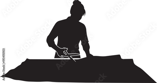 Tailor cutting fabric with scissors silhouette illustration isolated on white background professional dressmaker working textile craft fashion industry concept.