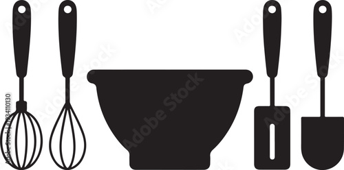 Black silhouette kitchen utensils and bowl whisk spatula