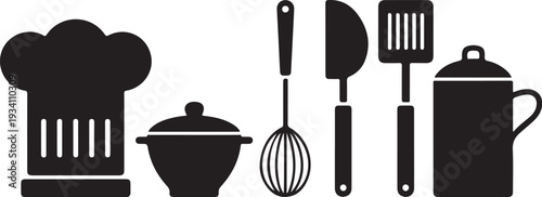 Black silhouette kitchen utensils and chef hat on white