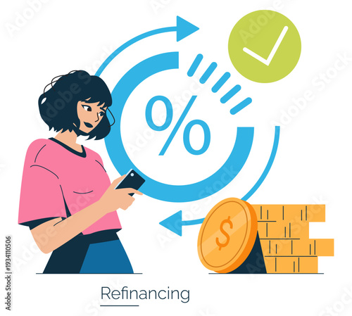 Woman on Phone Managing Loan Refinancing Illustration