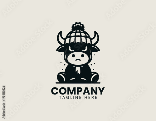 Cute cartoon bull wearing beanie hat with angry expression is presented as bold monochrome vector logo on clean white background
