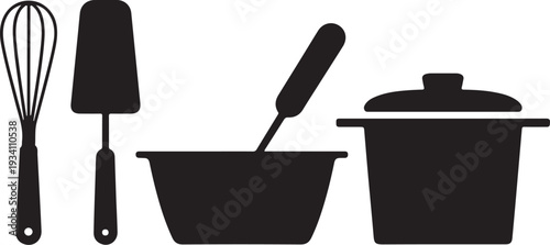 Black silhouette kitchen utensils and cookware on white background