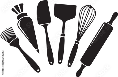 Black silhouette kitchen utensils on white background