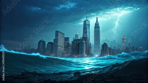 Futuristic City Submerged Under Rising Ocean Waters