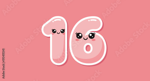 Cartoon number 16 with smiling 1 and surprised 6 on a salmon-pink backdrop
