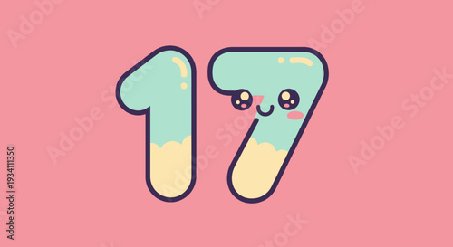 Playful 17 Number with Band-Aid and Smile on Vibrant Bright Pink Background