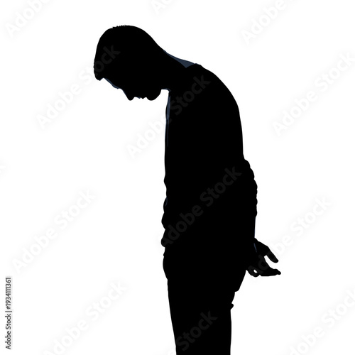 Silhouette Man Standing with Head Downcast.