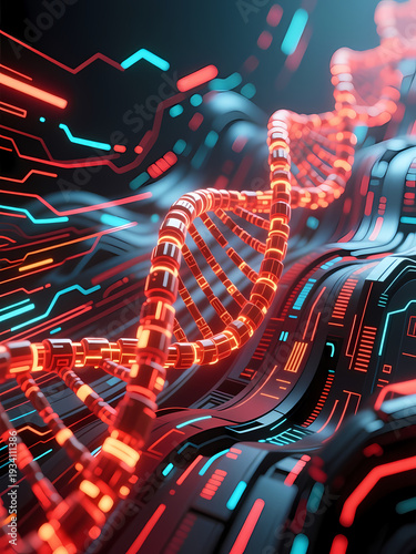 Wallpaper Mural In a cutting-edge laboratory, vibrant red DNA strands twist and turn amidst flowing neon patterns. This scene captures the fusion of science and technology in a captivating way Generative AI Torontodigital.ca