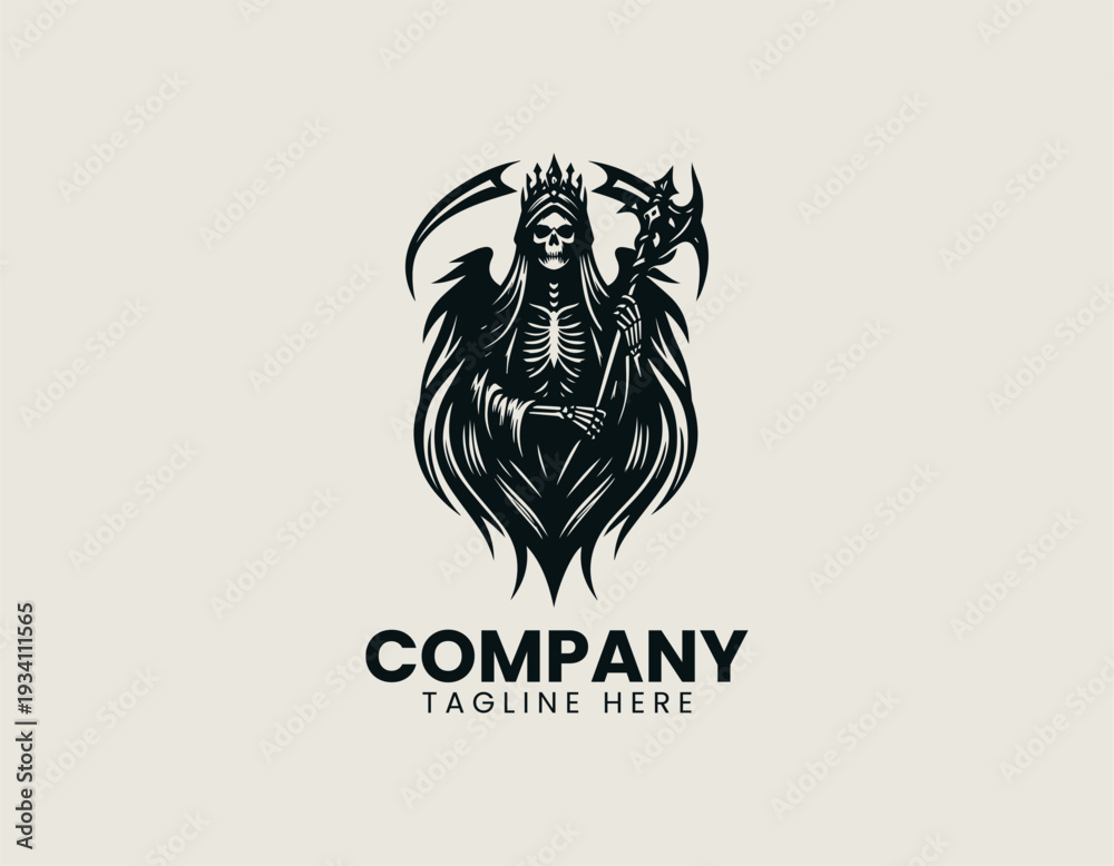Fototapeta premium Dark queen character with skull crown and scythe is presented as bold monochrome vector logo on clean white background