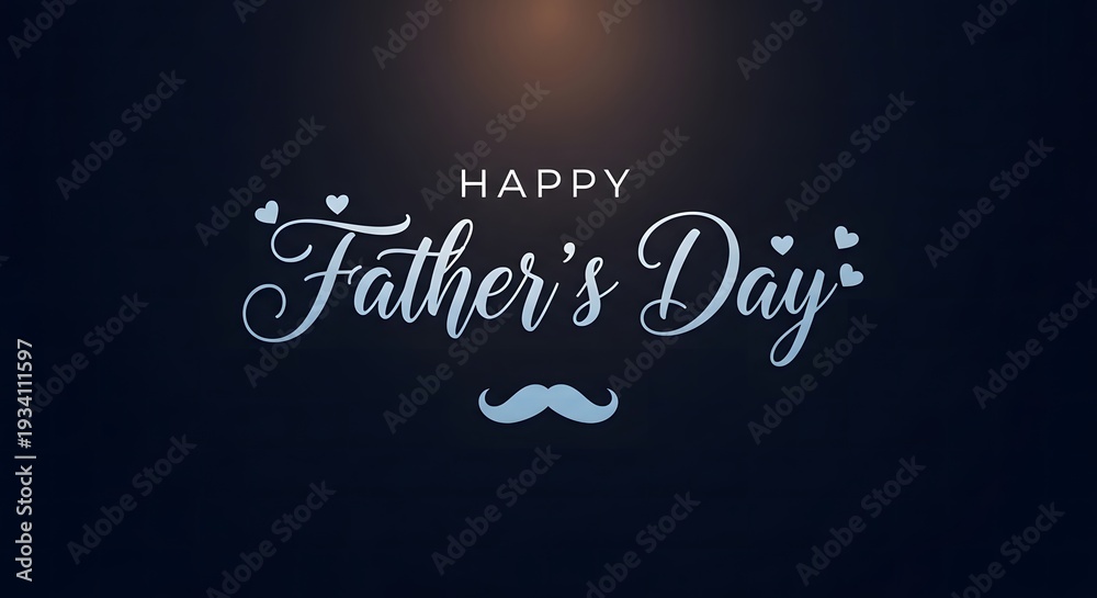Obraz premium Happy Father’s Day elegant white script typography with mustache on dark background, stylish celebration greeting card design for dad appreciation and branding