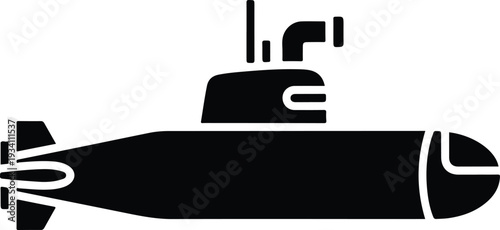 Black silhouette of a submarine with a conning tower antennae and rear fins