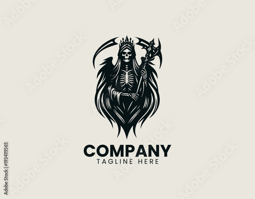 Dark queen character with skull crown and scythe is presented as bold monochrome vector logo on clean white background
