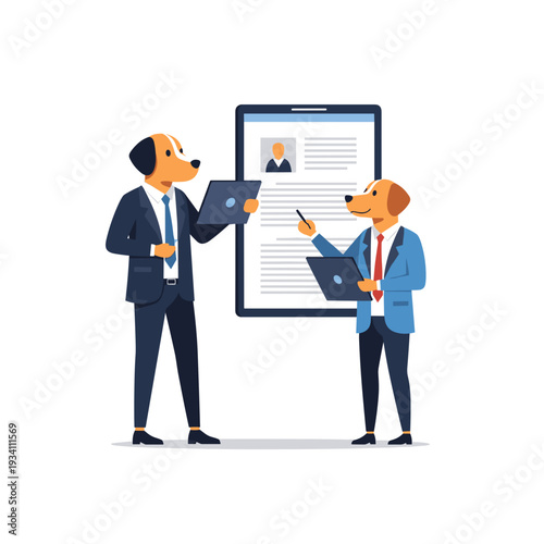 Two Cartoon Dogs in Business Suits Reviewing Resume.