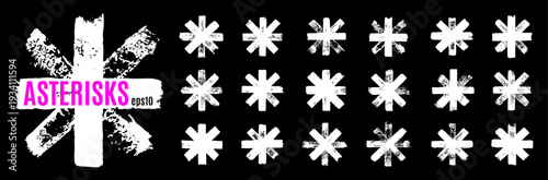 Grungy ink brush asterisks. Vector brush-painted star set. Hand-sketched asterisk shapes, crayon doodle sparks. Rough pencil strokes. Textured winter snow icons. Organic grunge effect star pattern bg