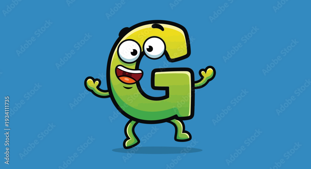 Obraz premium Smiling 'e' waves on toes, green body, blue background, cute bright cartoon