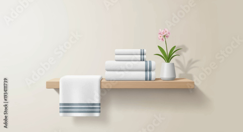 A wooden shelf holding towels and a potted plant on a beige wall viewed from the front