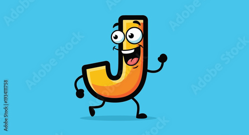 Orange Letter J Character on Bright Blue Background, Smiling, Walking Pose