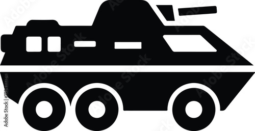 Black silhouette of an armored personnel carrier with six wheels gun and rectangular windows