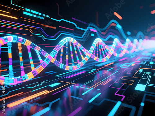 Wallpaper Mural A vibrant DNA double helix glows with bright colors against a backdrop of digital circuitry. This striking scene merges biology with technology, illustrating genetic wonders Generative AI Torontodigital.ca