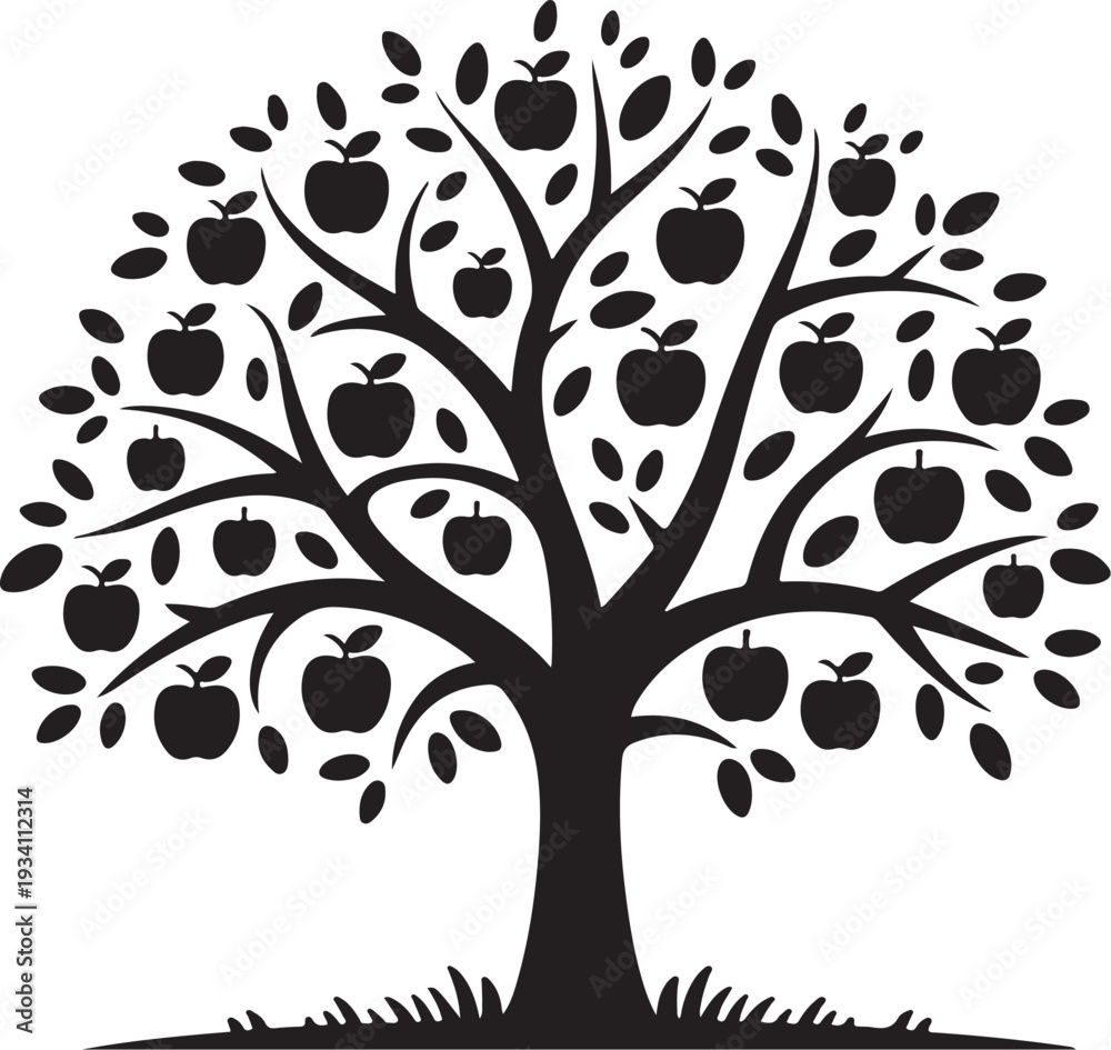 Obraz premium Black silhouette of an apple tree with apples and leaves on white