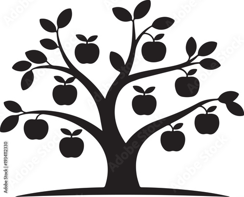 Black silhouette of an apple tree with apples and leaves on white