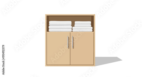 Illustration of a light brown cabinet with two doors and shelves holding neatly folded white towels viewed from the front