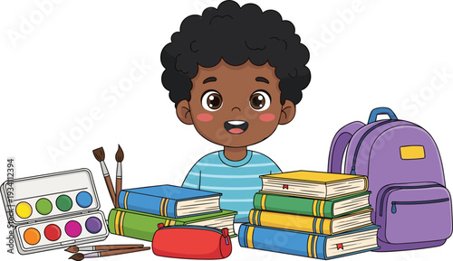 Boy with School Supplies, Books, Paints, and Backpack, Fun and Creative Illustration for Kids Learning and Study Activities