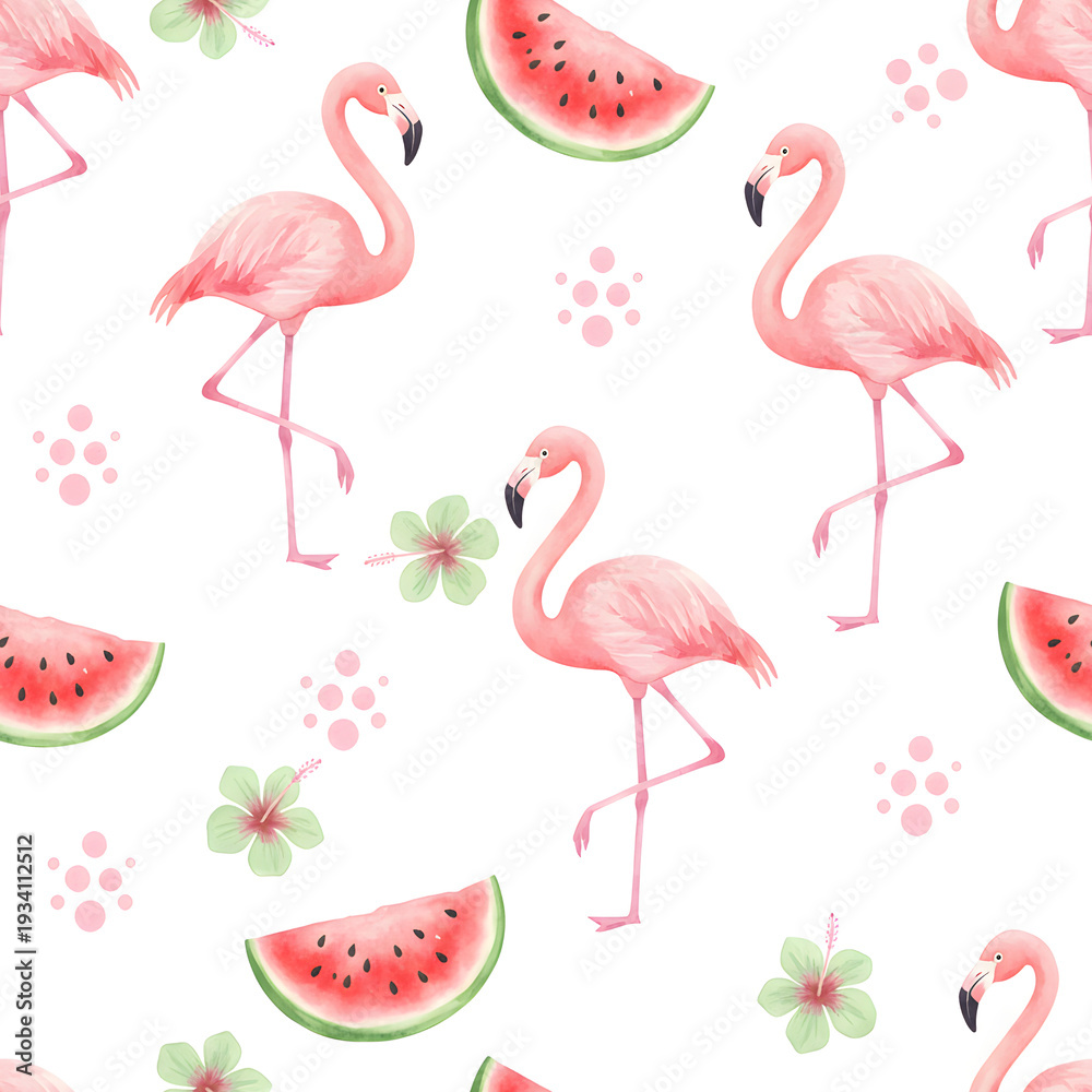 Obraz premium Tropical Seamless Pattern with Pink Flamingos and Watermelon Slices