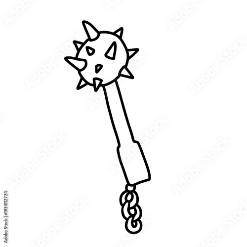 Mace doodle weapon for game and medieval fantasy. Spiky flail equipment icon with morning star object in simple sketch style