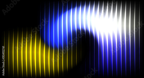 Abstract Blue and Yellow Ribbed Glass Texture with Flowing Wave Gradient and Vertical Light Lines on Dark Background