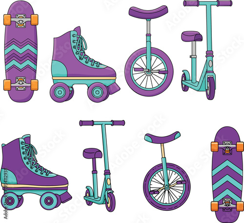 Colorful illustration of skateboards, roller skates, unicycles, and scooters with purple, turquoise, and orange design, symbolizing recreation, youth fun, and personal wheeled transport