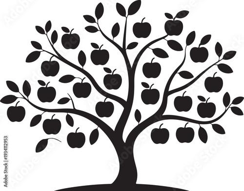 Black silhouette of apple tree with fruit and leaves on white