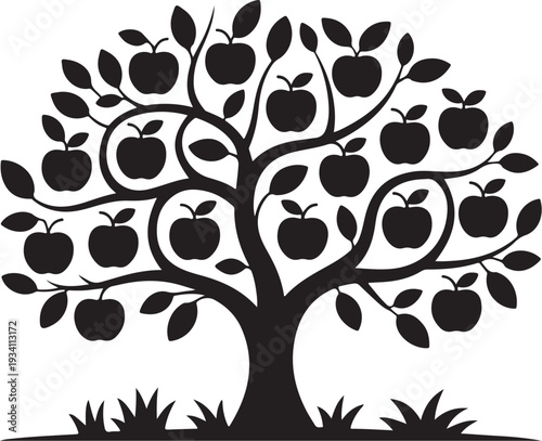 Black silhouette of apple tree with fruit and leaves on white