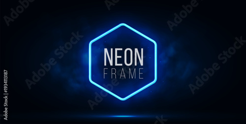Blue neon hexagon frame with drifting smoke on dark background. Glowing geometric shape with vibrant light.