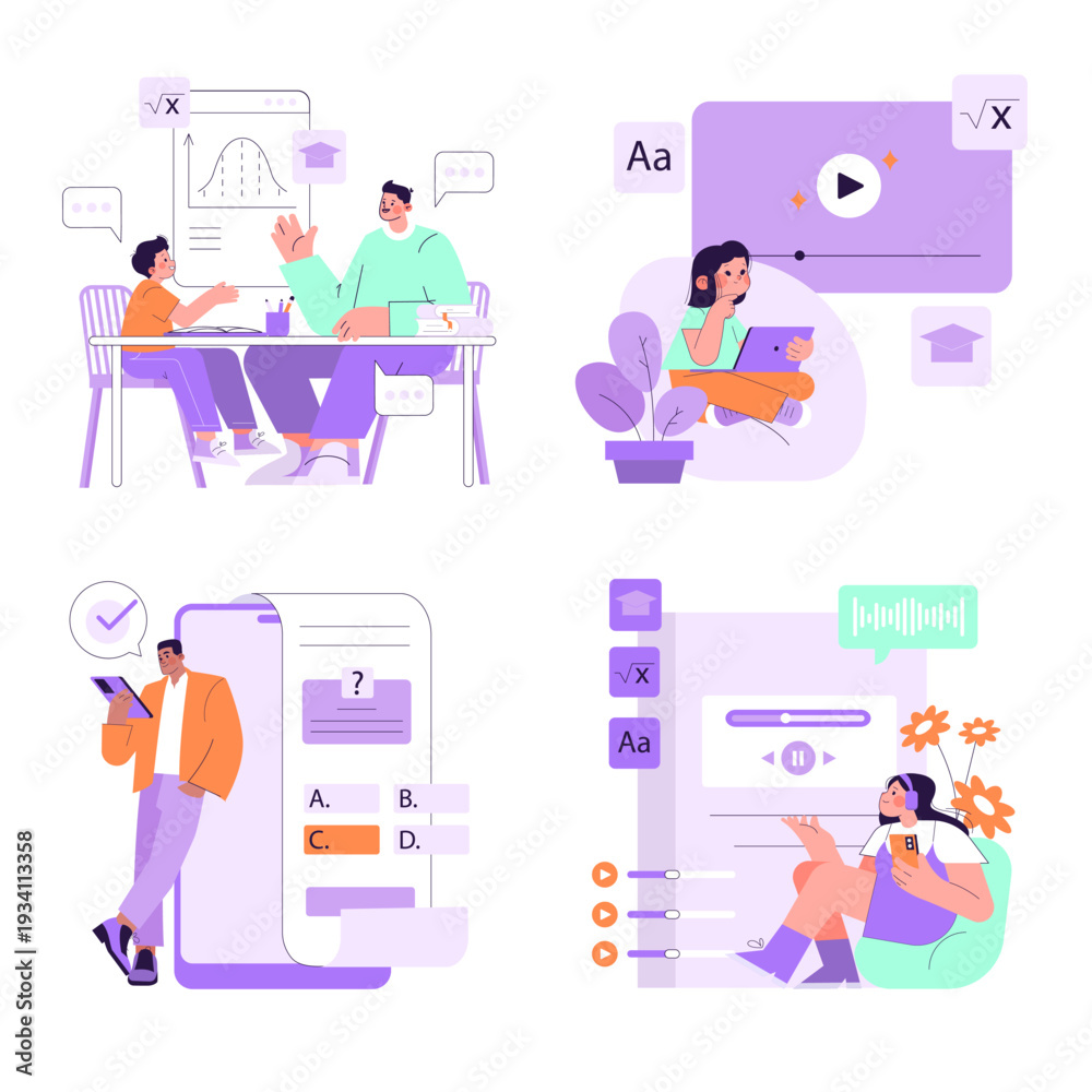 Fototapeta premium Online Learning and Quiz Interaction Vector Illustration