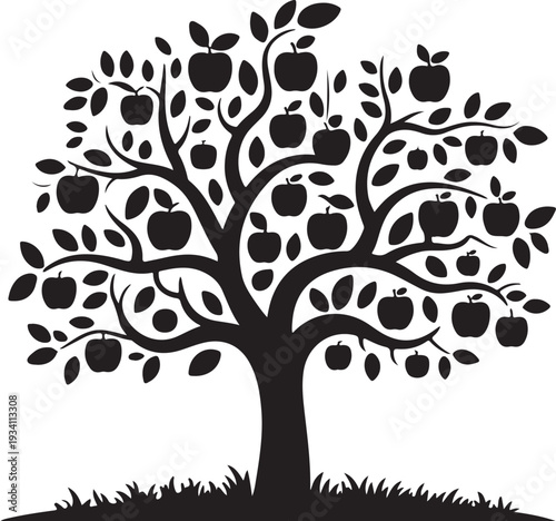 Black silhouette of apple tree with fruit and leaves on white