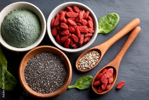 Colorful selection of superfoods in bowls ready for healthy meal preparation Generative AI