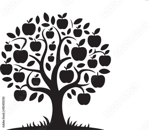 Black silhouette of apple tree with fruit and leaves on white