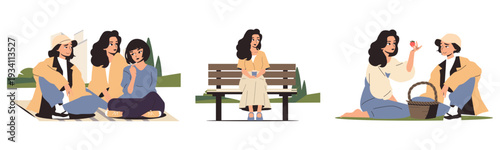 Group Picnic and Relaxation in Park Vector Illustration