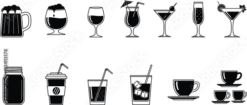 Black beverage icons set featuring beer mug, wine glass, cocktails, coffee cups and soft drinks silhouettes isolated on light background for menu and logo design