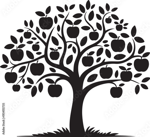 Black silhouette of apple tree with fruit and leaves on white