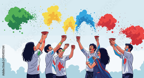 Joyful Group Celebrating Holi Festival with Vibrant Powder Colors under a Clear Sky, Embodying Indian Tradition and Festive Spirit