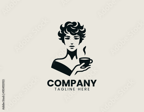 Elegant woman holding coffee cup in clean modern cafe lifestyle vector illustration