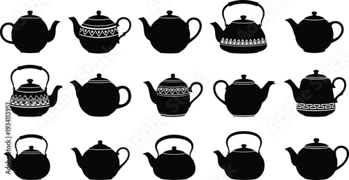 Collection of decorative teapot and kettle silhouettes in black isolated on light background, vintage ceramic tea pots set for kitchenware design, logo, packaging, and branding